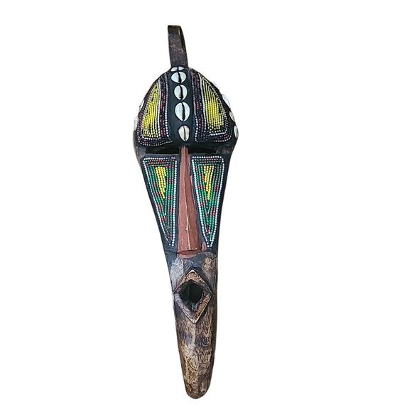 Vtg AFRICAN TRIBAL MASK Hand Carved Wooden Spirit Figure with Cowry Beads - Picture 1 of 9